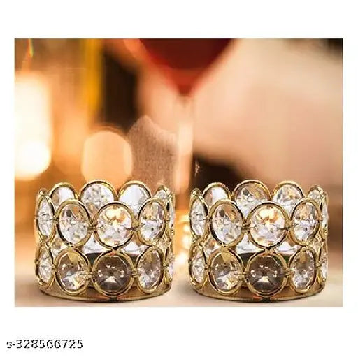 Universal Creation Metal Crystal Candle Holder For Home and festive Decoration | Small Tealight Candle Holder For Table top Decoration for Indoor & outdoor Set of 2