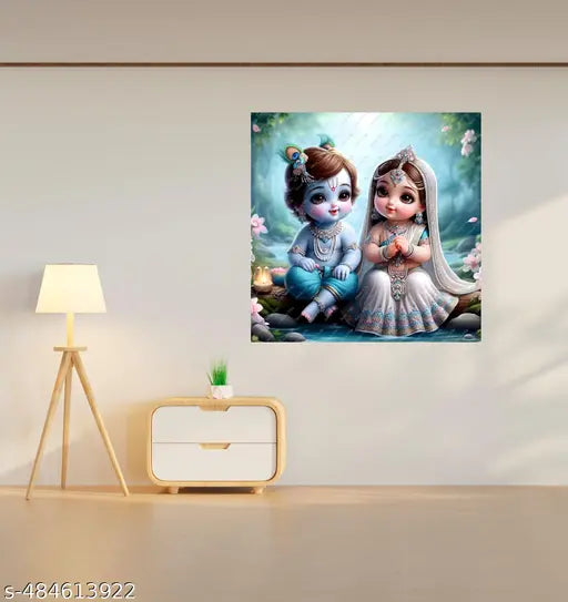 Decor Villa™ Cute  Radha Krishna Wall Poster, Baby Krishna, Radha Krishna Multicolour Wall Poster For Living Room, Office Room, Bedroom Etc.