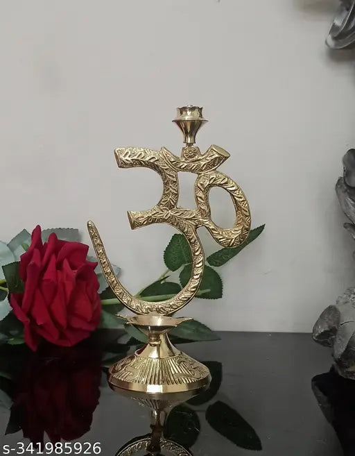 Bystreet artisans Om Aum Symbol with Brass Diya Oil Lamp and Incense Holder,Table top Brass Diya with Agarbatti Stand (Golden, 17Cm Height)