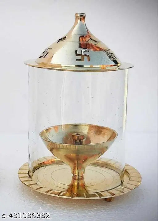 Golden Akhand deep Diya WIth Cover high quality Brass, Glass Table Diya