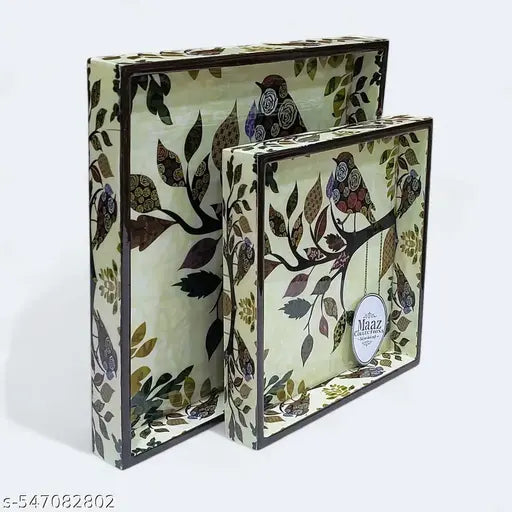 Decorative Wooden Tray Set of 2 | Printed Serving Tray for Kitchen, Dining & Home Decor | Premium MDF Meena Glossy Finish (7 & 9 Inch)