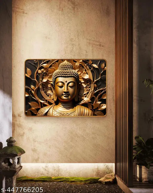 SAF Premium Paintings Lord Buddha Religious with Sparkle Lamination Finished Surface Golden Slim Frame For Home/Office/Living Room/Hotel/ 50 cm x 34 cm Large Size, MG480