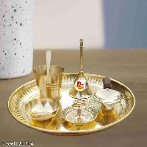 DARIDRA BHANJAN Brass Aarti Thali Set, pooja items, pital puja thali with Brass Plate and Big Glass, Ghanti, spoon, Diya, Sticks Holder Stand Bowl use for Diwali puja and all puja.