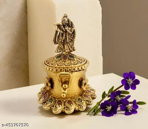 NSK- Radhakrishna Beautiful Handcrafted Gifting Sindoor Kumkum Dibbi, Handmade Traditional Haldi Sindoor Dibbi For Pooja, Antique finish, Round, Golden