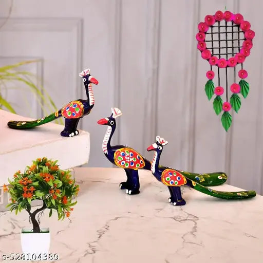 PEER LOK Peacock Showpiece GREEN+BLUE Figurine Set of 3 Piece Large, Medium and Small