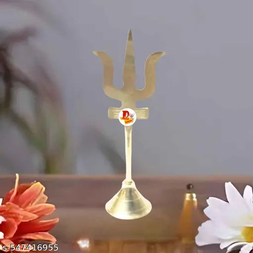 DARIDRA BHANJAN Mahadev Brass Trishul Stand with Damru, shiv ji Trishul, Brass Trishul, shiv Damaru Trishul, Beautiful Handcrafted Brass Trishul (H-11cm) Use for themed decor in devotional corners or meditation rooms.