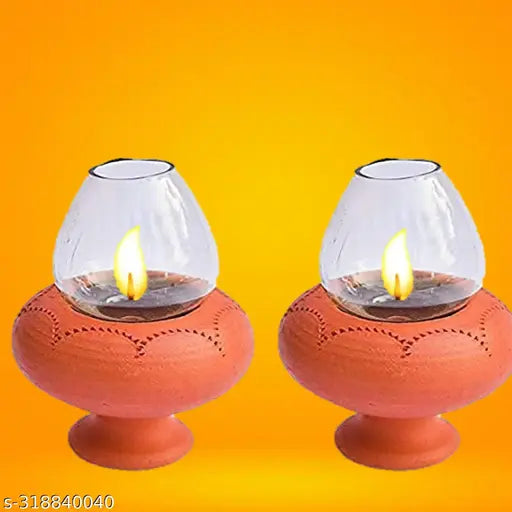 Our Rural Clay Deepam Diya with Glass Cover – Traditional Puja Oil Lamp with Glass Lid (Pack of 2)