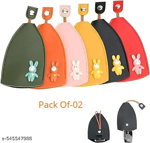 Spinfluencs 2Pc's PU Leather Creative Pull Out Cute Large Capacity Car Key Case, Case Key Holder, Cartoon Pull Type Key Bag super large capacity(Multicolour)