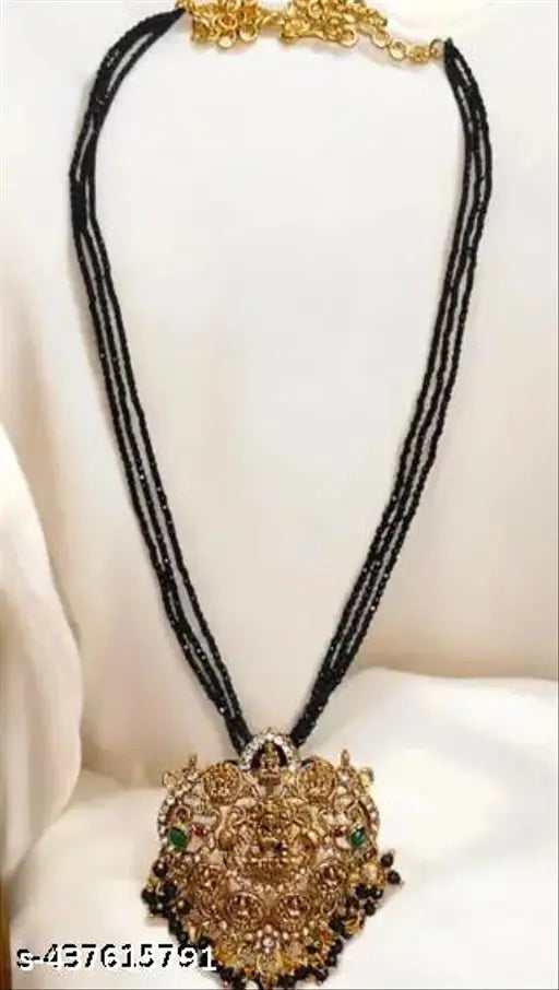 ONE GRAM GOLD PLATED MATT FINISH ASHTALAKSHMI LOCKET PENDANT WITH FIVE LINES BLACK BEADS CHAIN TEMPLE JEWELLERY BIG SIZE LOCKET NECKLACE