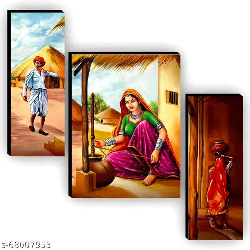 Set of 3 Rajasthani /Wall Painting For Living Room UV Textured Home Decorated Gift Item 6 MM MDF Painting 12 Inch x 18 Inch