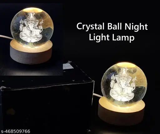 Ganesh Ganpati 3D USB LED Crystal Ball Night Lamp - Home Decor, Night Light, Table LED Wooden Crystal Ball Night Lamp for Home, Office, Decoration, Birthday, Diwali Gifts, Men, Women, Kids
