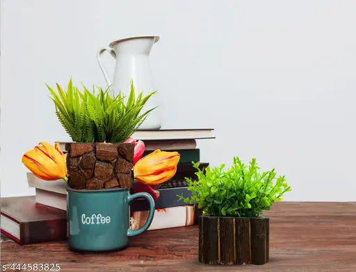 Asharya® Set of 2 Artificial Plants with Pot with Wood Finish Texture – Tabletop Decorative Plants for Home Decor, Office, Living Room, Bedroom & Indoor Outdoor Decor (13.5cm, Green)