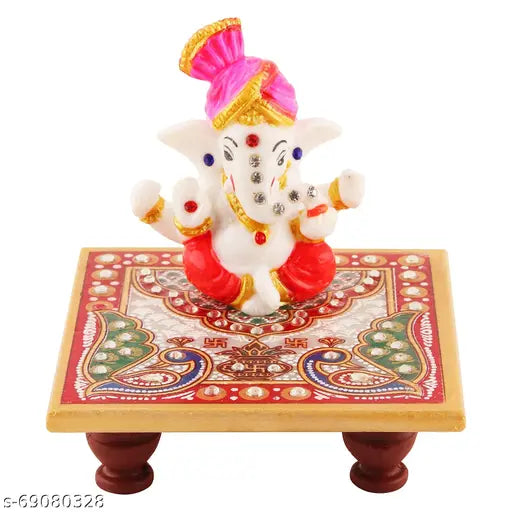 Marble Ganesh Ji Idol with Marble Chowki Design for Home Temple, Office Desk, Car Dashboard, Mandir Pooja Room & Auspicious Gift