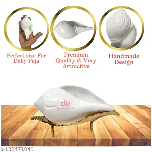 Divine Bazaar Brass Shankh Stands | Decorative Pooja Shankh | Prosperity Enhancing Jal Shankh | Pack of 1 | Sacred Decor | Traditional Brass Design | Religious Ornament | Spiritual Symbolism | Unique Home Décor | Vamavarti Shankh