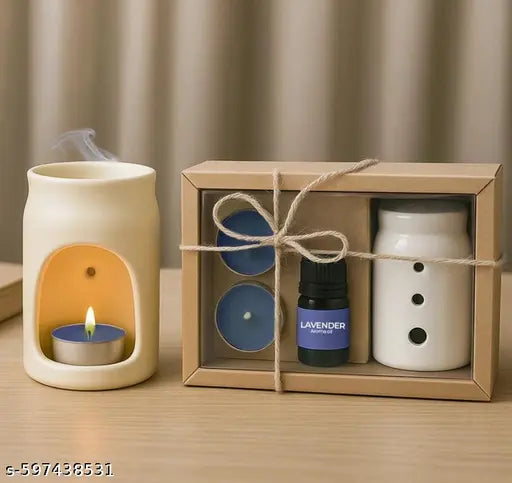 Blue Ceramic Aroma, Diffuser Set with Lavender Essential Oil & Tealight Candle | Home Fragrance Oil Burner for Relaxation, Stress Relief & Gifting