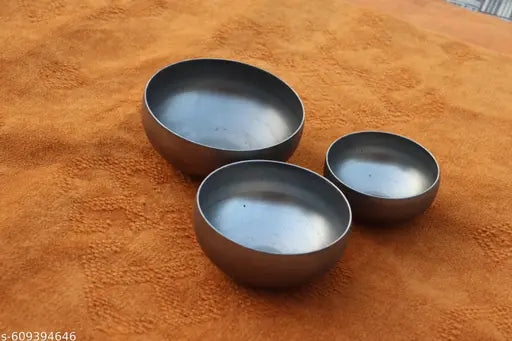 Set of 3 Pure Sarbloh Baate Bowls | Traditional Sikh Utensils for Cooking, Amrit Preparation & Spiritual Use | Heavy 1.1kg Iron for Health & Heritage ⚡