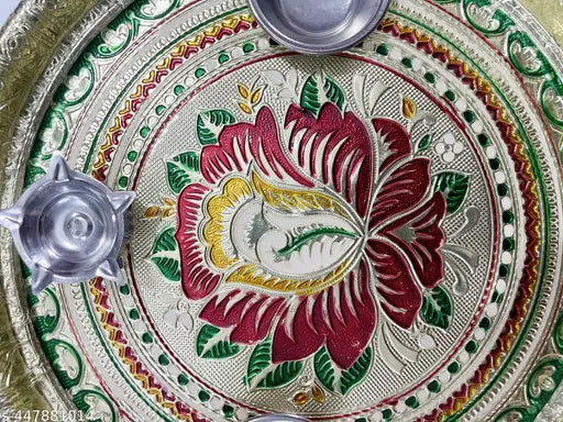 Decorative Pooja thali/Ornate Embellished Pooja Plate/Traditional Aarti Thali/Decorated Pooja Tray/Indian Pooja Thali with Diyas/Puja Thali Set