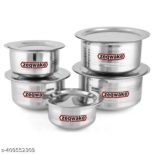 Stainless Steel Patila Bhagona Tope Set With Lid Handi Milk Storage Tapeli Tapela Serving Set Cookware - Pot 20 cm, 18 cm, 16 cm, 14 cm, 12 cm diameter 2000 ML, 1500 ML, 1000ML, 750 ML & 500 ML capacity with Lid (Stainless Steel)