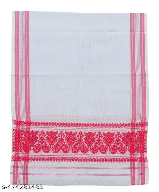 Polycotton Tribal Assamese Gamcha Red and White Flower Design Gamosa, Gamusa, Gamucha (Pack of 1)