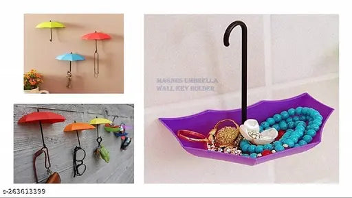 Umbrella Shape Key Hat Holder Wall Hook Umbrella Drop Style Wall Hanging Hooks Colorful Decorative Umbrella Hooks Key Holder Hook (Multi-Color) (PACK OF 6)