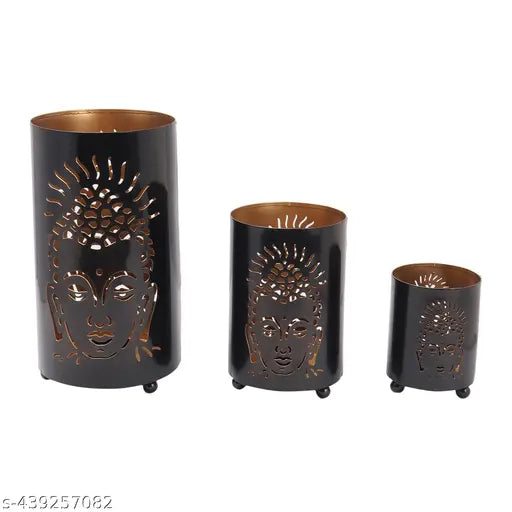 Home Decors Antique Handcrafted Hanging Tealight Buddha Cutting Black Votive Candle Holder for Home Decoration, Diwali Decoration, Christmas Decoration. (Black, Pack of 3)