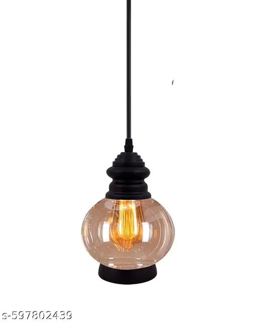 Kalawall Hanging Pendant Light, Black Metal and Glass Shade, Adjustable Cord, Decorative Ceiling Lamp for Living Room, Dining Room, Kitchen, Bedroom, Home Decor, Warm Glow (Amber)