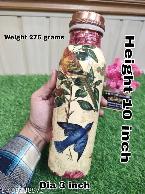700ml Pure Copper 9'' Water Bottle For Drinking – 34 Oz – Ayurvedic Pure Copper Flowers and Birds Design Meena Water Bottles For Drinking More Water - Leak Proof Heavy Duty Copper Vessel 100% Leak Proof, For Home, Office, Gym Gift 10 inches