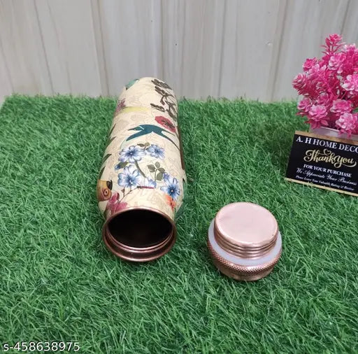 700ml Pure Copper 9'' Water Bottle For Drinking – 34 Oz – Ayurvedic Pure Copper Flowers and Birds Design Meena Water Bottles For Drinking More Water - Leak Proof Heavy Duty Copper Vessel 100% Leak Proof, For Home, Office, Gym Gift 10 inches