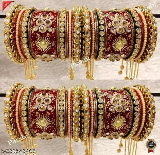 RED MULTICOLOUR LATKAN Heavy Alloy Gold-plated Rajkot Style Bridal Chuda Bangles Set For Girls And Women..