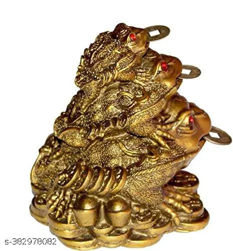 Triple Frog Family With Coin For Health, Wealth and Happiness | Decorative Showpiece for Home decor - 10 cm