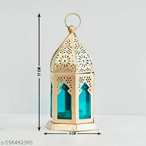 Golden Decorative Metal Lantern with Colored Glass (Set of 2)