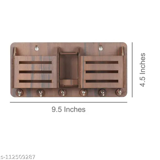 Craftzo Premium Phone Stand Brown Wood Key Holder  (6 Hooks, Brown)