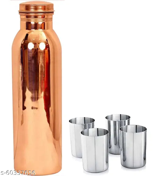 Oxyjal Pure Copper 1 Litre Water Bottle with 4 Steel Glass Drinkware Gift Set (1000 ML Bottle, 300 ML Glass) Winter Special Copper Bottle.