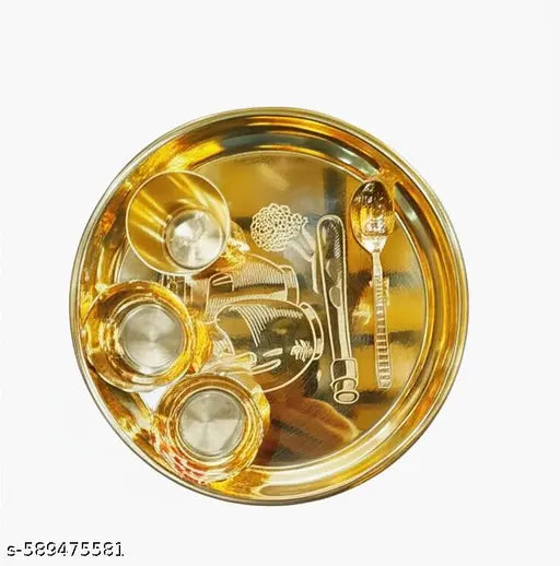 Pure Brass Puja Thali Set of 5 Pieces | 8.5 inch Large Bhog Thali for Temple Use | Brass Plate, Glass, Spoon & Bowls | Pooja Essentials