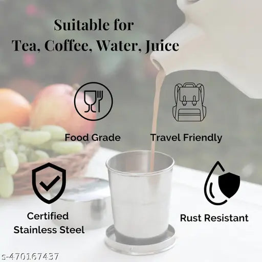 Folding Stainless Steel Water Glass for Picnic Outdoor/Indoor, Water Tumbler Cup with Keychain for Lassi Lemonade Juice Milk Cold Drinks Beverage Drinking Tumbler (75ml)