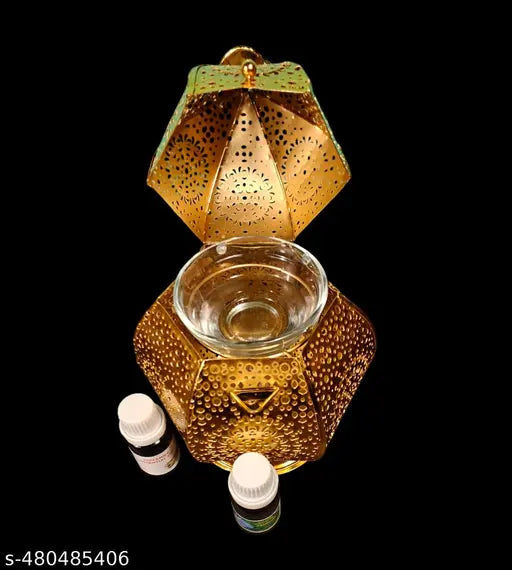 Moroccan Lamp | Best Lantern for Wedding Décor | Pooja Room Decoration | Gold Metal Electric Aroma Diffuser with 10ml Aroma Oil & 2 Extra Bulbs | Home & Festive Lighting