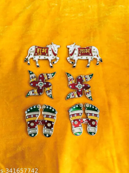 Crafonic Meenakari Cow Shubh Labh Stickers Laxmi Charan Paduka Swastik (Satiya ) Set for Wall & Door Decoration, Diwali Decoration Stickers (Pack of 6 Sets)
