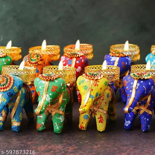 Set of 10 Multicolor Rajasthani Elephant Tealight Candle Holders | Decorative Diya Stand for Home Décor, Festivals, Weddings & Gifting