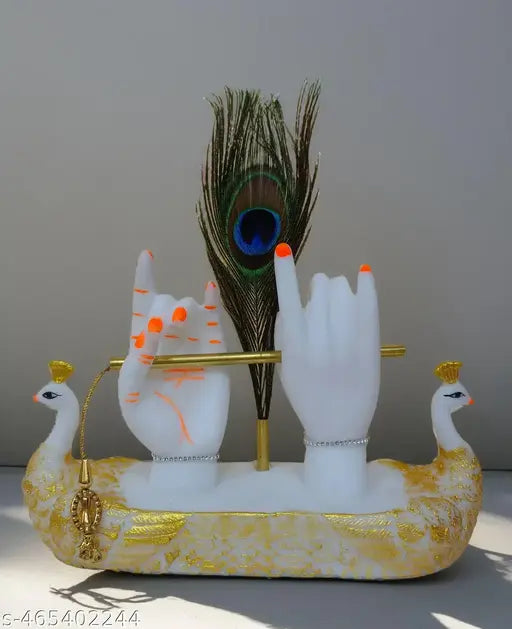 Krishna Hand with Flute & Peacock Feather Idol for Home Decor Gift Krishna Statue Made of Resin For Office and Home Showcase Home Living Room Diwali Decoration| Pankh Krishna Showpiece with Flute Standing Krishna Statue Lord Krishna Figurine, Murlidhar, K