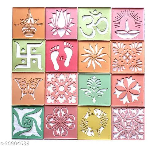 Artonezt Ready to Draw Rangoli Making Stencils, Rangoli Plastic Stencils for Floor Decoration (4x4 inches in Size- Set of 16 Rangoli Stencils) and (3x7 inches in Size- Set of 10 Rangoli Stencils)