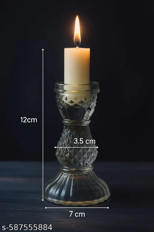 Vijyas Glass Candle Holder Stand – Elegant  Cut Transparent Pillar Candle Stand for Home Décor, Table Centerpiece & Festive Decoration Pack of 2