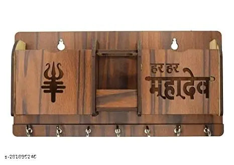 RA DESIGNER Har Har Mahadev MDF Wood Key Holder (7 Hooks, Brown