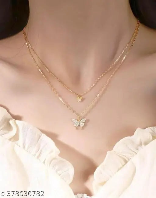 RV YUWON Beautiful Diamond Double Layer Butter fly NeckChain