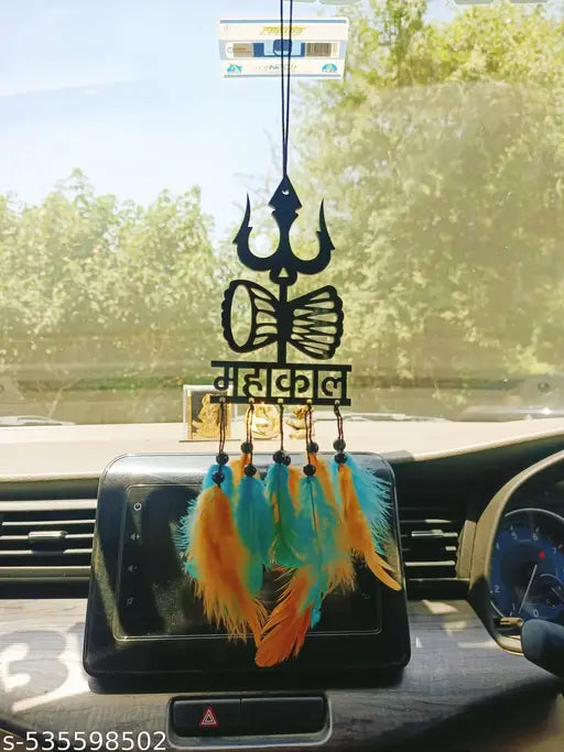 Handmade Mahakal Car Hanging – Black Acrylic Dream Catcher with Orange and Green Feathers | Good Luck Charm for Positive Vibes | Spiritual Mirror Hanging for Car, Room, Balcony & Gift Decor | 1 Pc