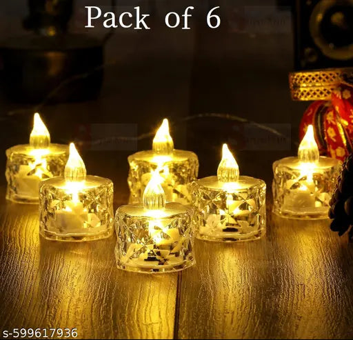 6 Pcs LED Tea Light Candles | Flameless & Smokeless Diya | Decorative Acrylic Candle | Home Decor, Navratri Decor Items, Diwali Decoration Item, Room, Table, Pooja Room Decor (Yellow)