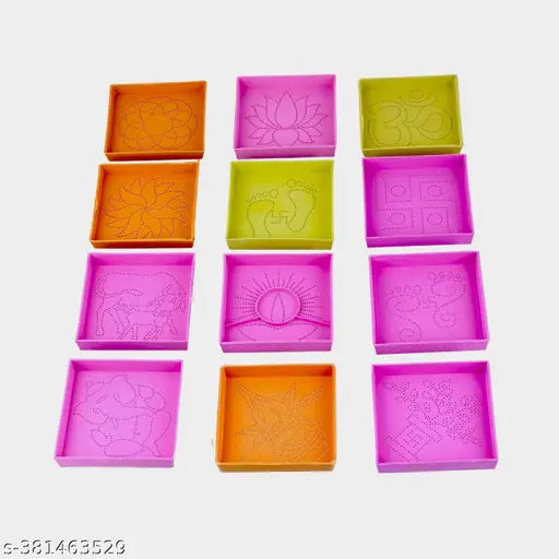 Doted Multi Design Ready to Draw Rangoli Making Stencils, Rangoli Plastic Stencils for Diwali Floor Decoration (Set of 12, Size3x3 Inch)