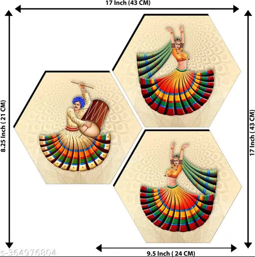 Meera Art & Craft Set of 3 Rajasthani Dance Modern art self adeshive Hexagon Home decorative gift item wall painting for living room , office , hotel MDF framed painting 17 inch X 17 inch(pack of 3 )