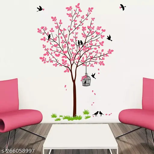 Pink Tree With Birds Cage And Nest '(PVC Vinyl,Multicolour) 1 cm Large Self Adhesive Sticker (Pack of 1)