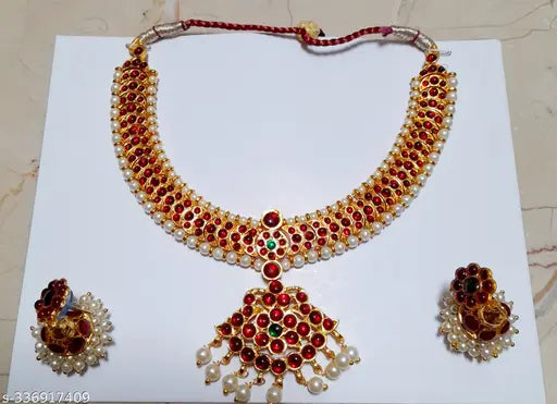 Temple Style Kempu Stone South Indian Style Necklace with Jhumka
