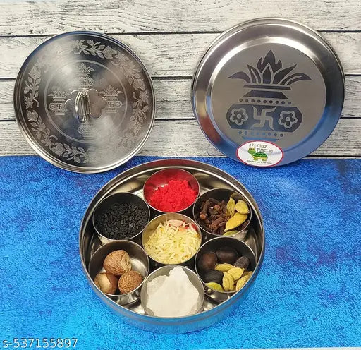Chef Turtles Stainless Steel Round Pooja Box 7 Containers for Roli, Chawal, Chandan, Kumkum, Haldi, Sindoor & Turmeric | Small Steel Pooja Dabbi Dibbi Dhani | Puja Samagri Box 4.5inches.